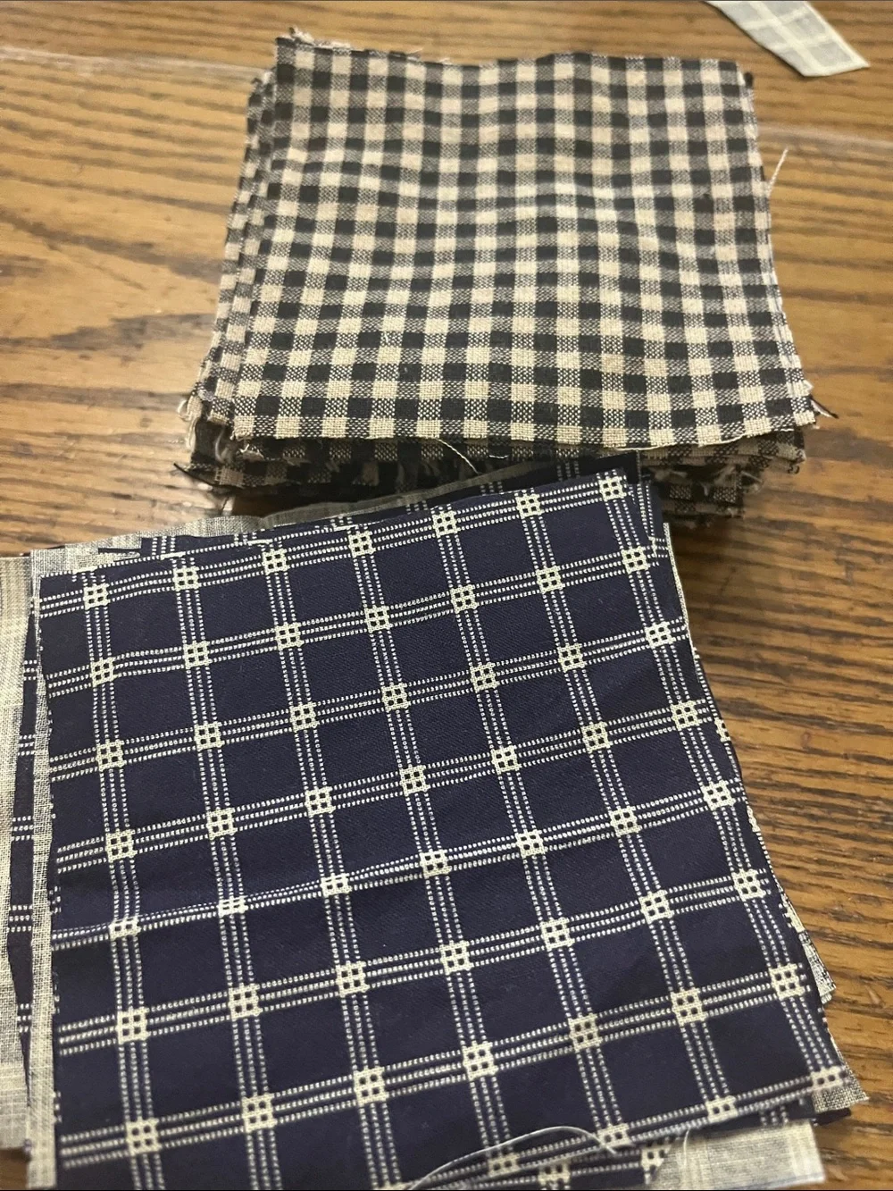 Homespun black Gingham & cotton Plaid Fabric Squares - Navy and Black/White
